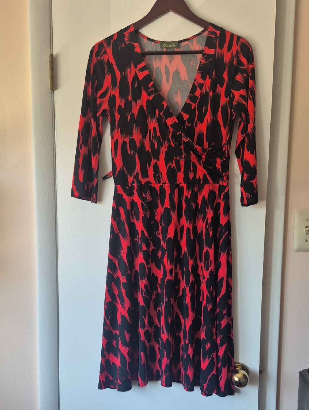 Red and Black Print Wrap Dress